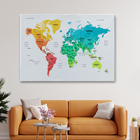 Harita Sepeti Dünya Haritası Dekoratif Kanvas Tablo Ülke ve Başkentli 1563