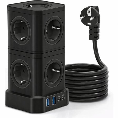 Kule Tipi Çoklu Priz 3680W | 9’lu Topraklı Priz + 2 USB + 2 Type-C | Masaüstü Dikey Akım Korumalı Priz