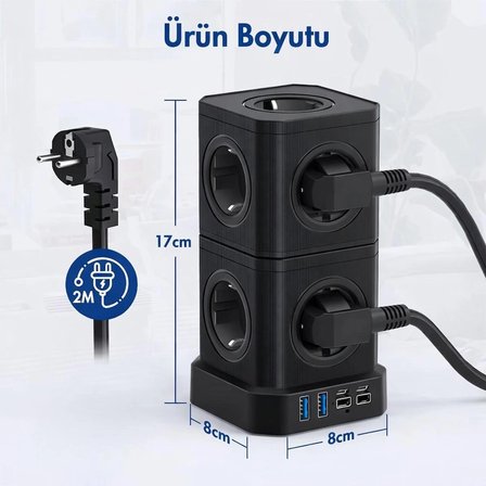 Kule Tipi Çoklu Priz 3680W | 9’lu Topraklı Priz + 2 USB + 2 Type-C | Masaüstü Dikey Akım Korumalı Priz