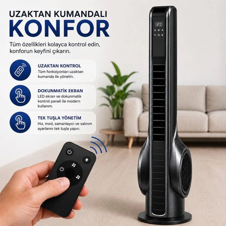  Turbo Akıllı Fan 70W Uzaktan Kumandalı Kule Vantilatör, Aromaterapi Özellikli, Dokunmatik LED Ekranlı, 3 Hız Kademeli, 3 Modlu, 12 Saat Zamanlayıcılı, Sessiz Çalışma, Salınımlı Fan