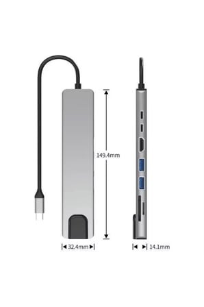 Type-C Çoklu Dönüştürücü – 87W PD, HDMI, 2x USB 3.0, RJ45, SD/TF Kart Girişli Hub