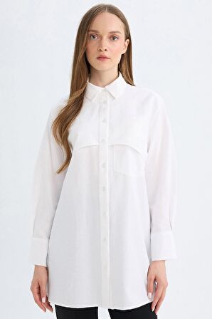 DeFacto Relax Fit Gömlek Yaka Poplin Basic Düz Uzun Kollu Beyaz Gömlek Tunik D4773AX24AUWT34