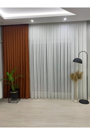 Kırık Beyaz Bambu Tül Perde - 1/2,5 Pile Hazır Dikili Modern Salon Tülü
