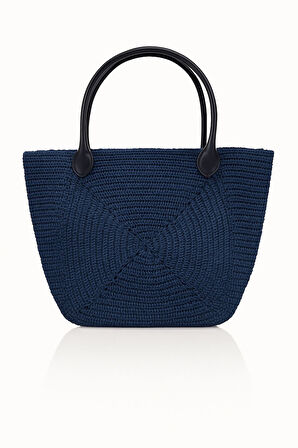 Kadın El Örgü Hasır Omuz Çanta Desenli