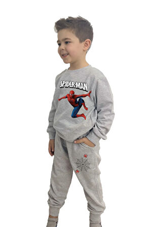 %100 Pamuklu İçi Polarlı Kaliteli Spider Baskılı Cepli Mevsimlik Erkek Çocuk Eşofman Takımı