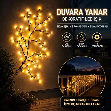 Dekoratif 144 LED Dal Işık | 8 Modlu Günışığı Aydınlatma | Balkon, Bahçe, Teras ve Duvar Dekoru | Dış Mekân Kullanımı