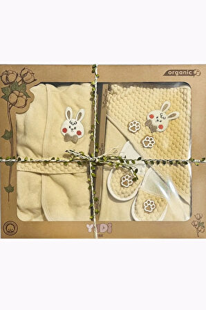 %100 Organik Pamuk ve Antibakteriyel Rabbit Bebek Bornoz Seti - (4 Parça)