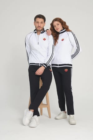 Beyaz Unisex İki İplik Fermuarlı Sevgili Çift Kombin Rahat Spor Eşofman Takımı - İkili 7663-1