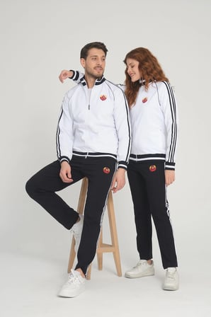Beyaz Unisex İki İplik Fermuarlı Sevgili Çift Kombin Rahat Spor Eşofman Takımı - İkili 7663-1
