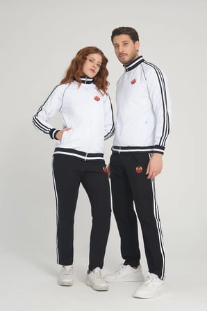 Beyaz Unisex İki İplik Fermuarlı Sevgili Çift Kombin Rahat Spor Eşofman Takımı - İkili 7663-1