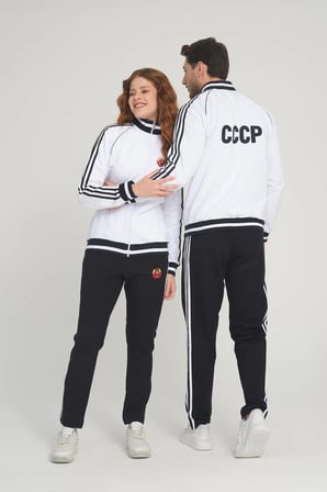 Beyaz Unisex İki İplik Fermuarlı Sevgili Çift Kombin Rahat Spor Eşofman Takımı - İkili 7663-1