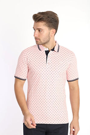 Erkek Pembe Amerikan Pike Kumaş Puantiye Polo Yaka Kısa Kol T-shirt - 13