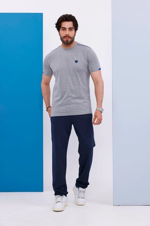 Erkek Battal Beden Açık Gri Bisiklet Yaka T-shirt Alt-üst Takımı - 130
