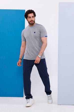 Erkek Battal Beden Açık Gri Bisiklet Yaka T-shirt Alt-üst Takımı - 130