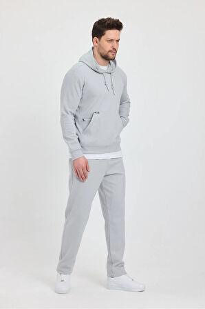 Erkek Gri Puantiyeli Kanguru Cepli Kapüşonlu Eşofman Takımı  - 7809