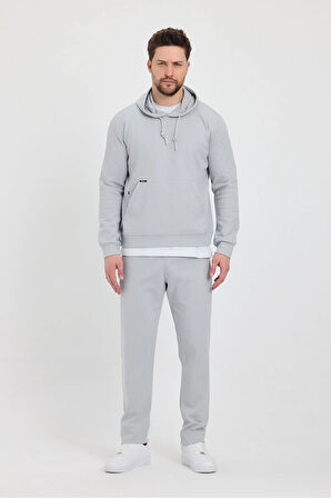 Erkek Gri Puantiyeli Kanguru Cepli Kapüşonlu Eşofman Takımı  - 7809