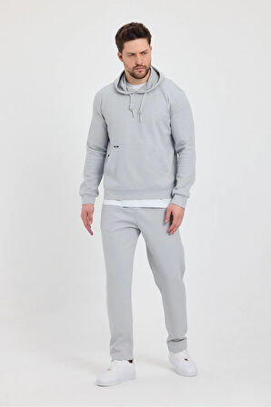 Erkek Gri Puantiyeli Kanguru Cepli Kapüşonlu Eşofman Takımı  - 7809