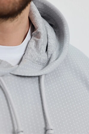 Erkek Gri Puantiyeli Kanguru Cepli Kapüşonlu Eşofman Takımı  - 7809