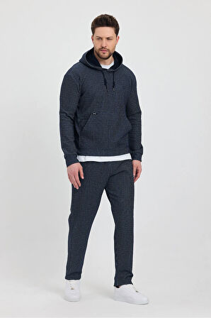 Erkek Lacivert Puantiyeli Kanguru Cepli Kapüşonlu Eşofman Takımı  - 7809