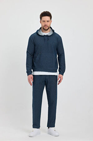 Erkek Petrol Puantiyeli Kanguru Cepli Kapüşonlu Eşofman Takımı  - 7809