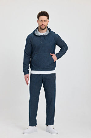 Erkek Petrol Puantiyeli Kanguru Cepli Kapüşonlu Eşofman Takımı  - 7809