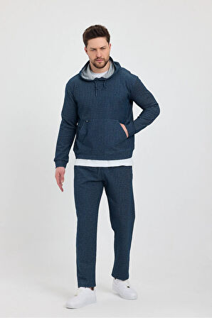 Erkek Petrol Puantiyeli Kanguru Cepli Kapüşonlu Eşofman Takımı  - 7809