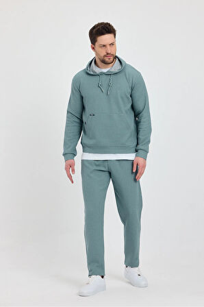 Erkek Yeşil Puantiyeli Kanguru Cepli Kapüşonlu Eşofman Takımı  - 7809