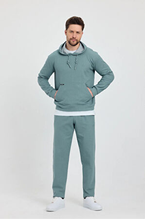 Erkek Yeşil Puantiyeli Kanguru Cepli Kapüşonlu Eşofman Takımı  - 7809