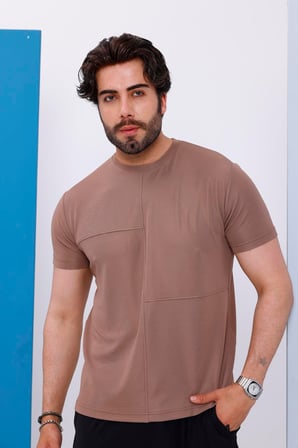 Erkek Kahverengi Oversize Bisiklet Yaka Normal ve Battal Beden T-Shirt - 172