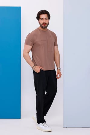 Erkek Kahverengi Oversize Bisiklet Yaka Normal ve Battal Beden T-Shirt - 172