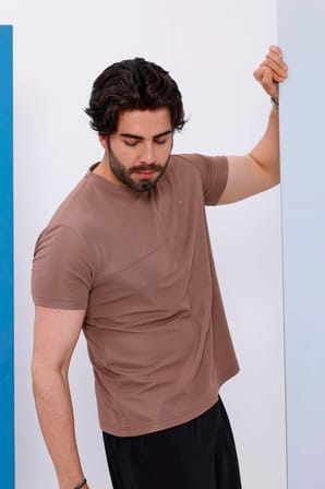 Erkek Kahverengi Oversize Bisiklet Yaka Normal ve Battal Beden T-Shirt - 172