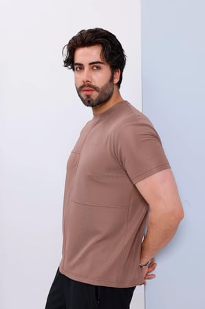 Erkek Kahverengi Oversize Bisiklet Yaka Normal ve Battal Beden T-Shirt - 172