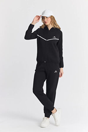 Kadın Double Face Göğüs Şeritli Lastikli Paça Fermuarlı Kapüşonlu Siyah Eşofman Takımı - 7805