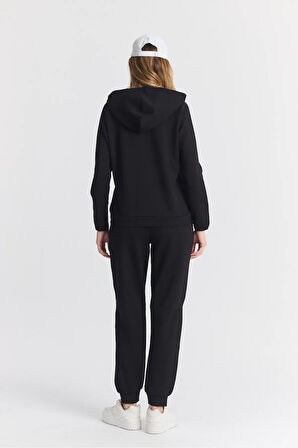 Kadın Double Face Göğüs Şeritli Lastikli Paça Fermuarlı Kapüşonlu Siyah Eşofman Takımı - 7805