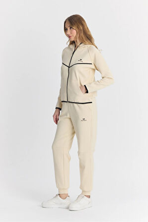 Kadın Double Face Göğüs Şeritli Lastikli Paça Fermuarlı Kapüşonlu Ekru Eşofman Takımı - 7805