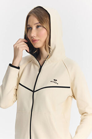 Kadın Double Face Göğüs Şeritli Lastikli Paça Fermuarlı Kapüşonlu Ekru Eşofman Takımı - 7805