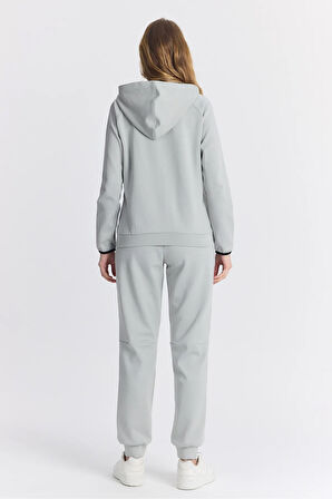 Kadın Double Face Göğüs Şeritli Lastikli Paça Fermuarlı Kapüşonlu Gri Eşofman Takımı - 7805