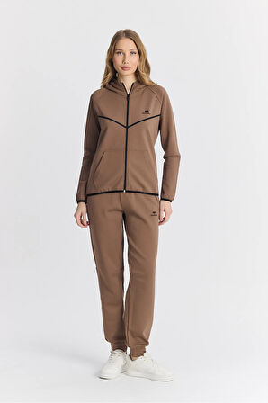Kadın Double Face Göğüs Şeritli Lastikli Paça Fermuarlı Kapüşonlu Kahverengi Eşofman Takımı - 7805