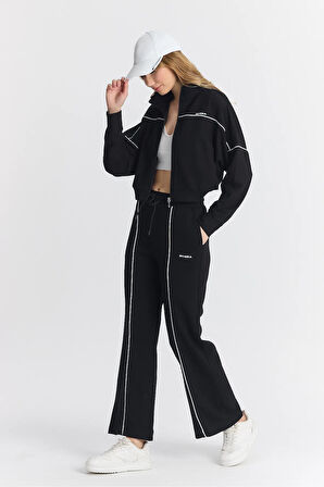 Kadın Modal Düşük Kol Rahat Crop Fermuarlı Geniş Paça Siyah Eşofman Takımı - 7807