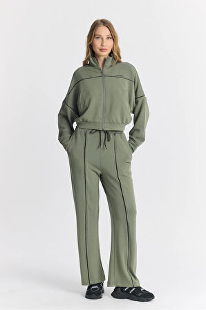 Kadın Modal Düşük Kol Rahat Crop Fermuarlı Geniş Paça Haki Eşofman Takımı - 7807