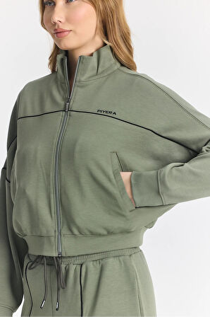 Kadın Modal Düşük Kol Rahat Crop Fermuarlı Geniş Paça Haki Eşofman Takımı - 7807