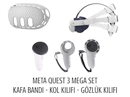 Meta Quest 3 Uyumlu Mega Aksesuar Seti GRİ - Kafa Bandı - Gözlük Kılıfı - Kol Kılıfı