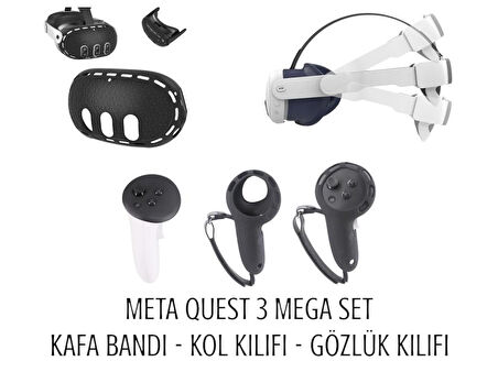 Meta Quest 3 Uyumlu Mega Aksesuar Seti SİYAH - Kafa Bandı - Gözlük Kılıfı - Kol Kılıfı