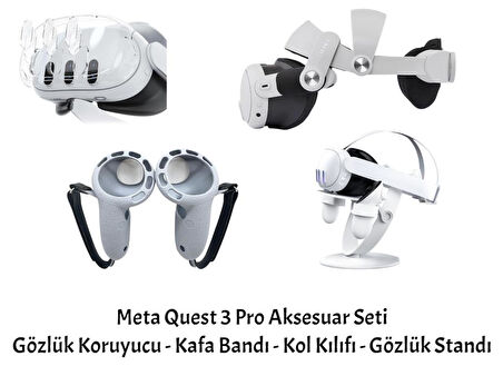 Meta Quest 3 Uyumlu PRO Aksesuar Seti - Kafa Bandı - Gözlük Koruyucu - Kol Kılıfı - Stand