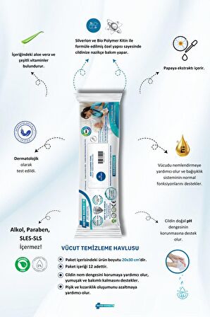 Gümüş Iyon & Biyopolimer Kitin Teknolojili Hasta Vücut Temizleme Havlusu (12 Adet)