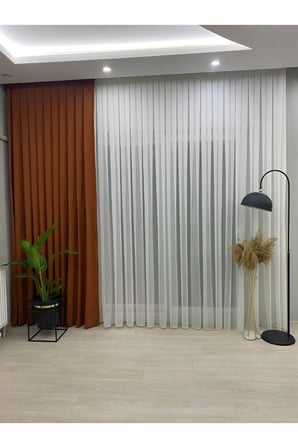 Ekru Renkli, Modern Ve Kaliteli Bambu Plus Mat Tül Perde Orta Pileli - 1/2,5 Pile