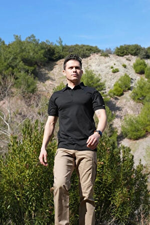 2 Cepli Polo Yaka Kısa Kollu Taktik T-Shirt Siyah