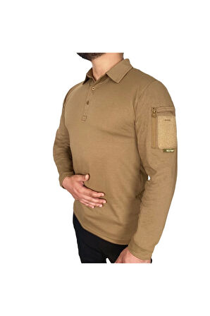 Polo Yaka 2 Cepli Uzun Kollu Taktik T-Shirt Bej