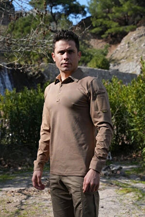 Polo Yaka 2 Cepli Uzun Kollu Taktik T-Shirt Bej