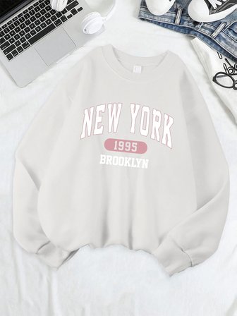 New York Brooklyn 1955 Baskılar Tişörtü Kadın Bisiklet Yaka Rahat Kapüşonlular Gevşek Polar S